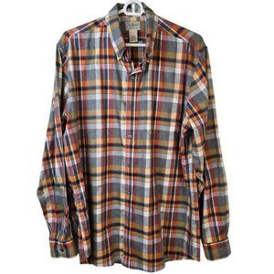L.L. Bean Shirt Men's M Orange Gray Plaid Traditional Fit Wrinkle Free Classic